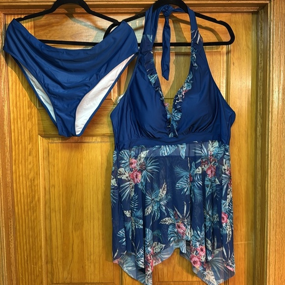 4X Women’s 2 piece tankini set in a beautiful blue flyway sheer - NEW NO BRAND - Picture 3 of 11